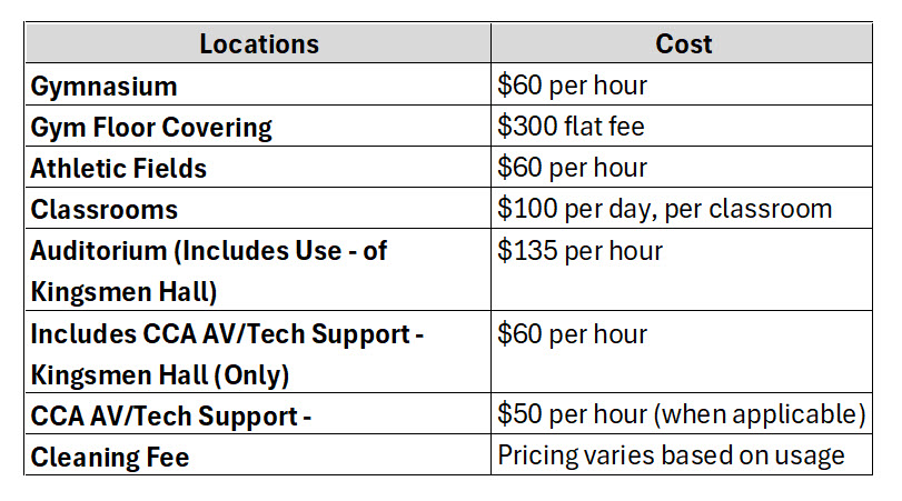 CCA Facility Rental Fees
